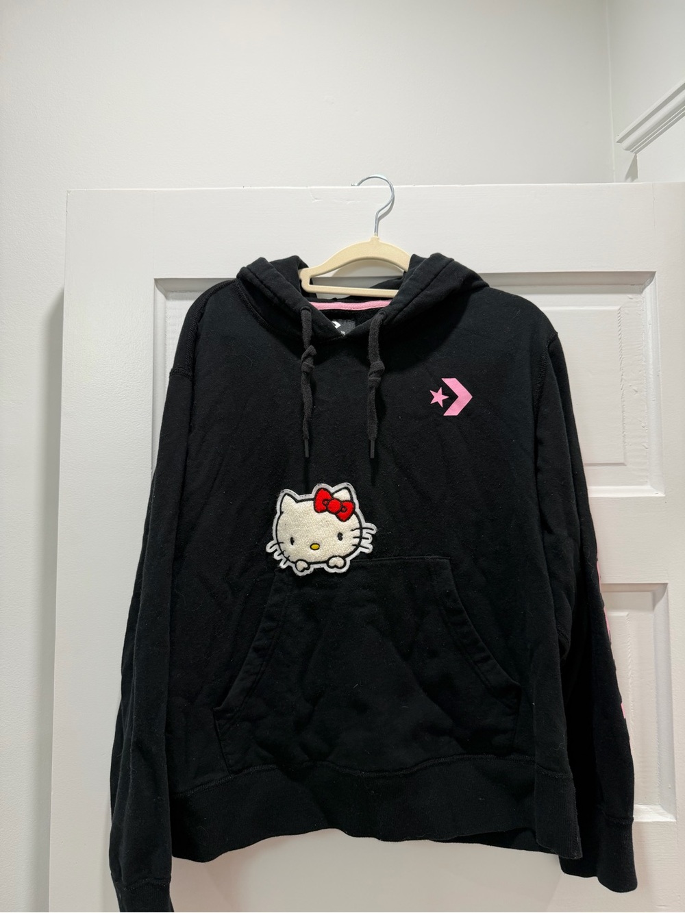 Converse Black Hoodie Sweater with Pink Logo and Hello Kitty Patch